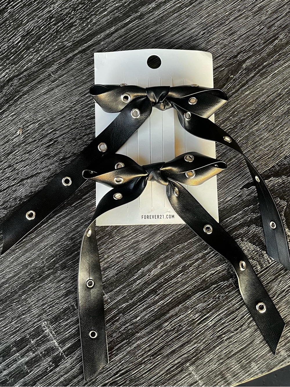 Forever 21 Black Faux-Leather Grommet Bow Hair Ties Set